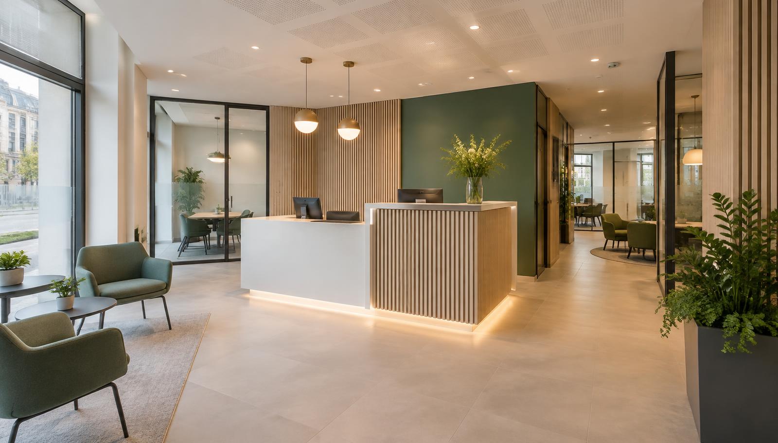 Agencement d'une agence bancaire avec accueil clientèle et bureaux confidentiels à Orléans