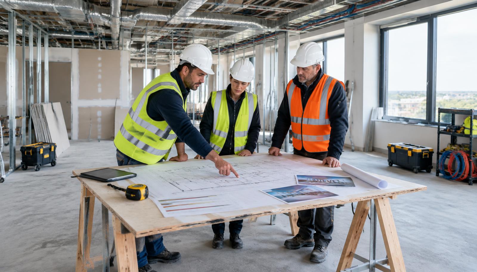Réunion sur un plateau tertiaire en travaux pour un chantier TCE clé en main, avec conducteur de travaux, plans, planning et casques