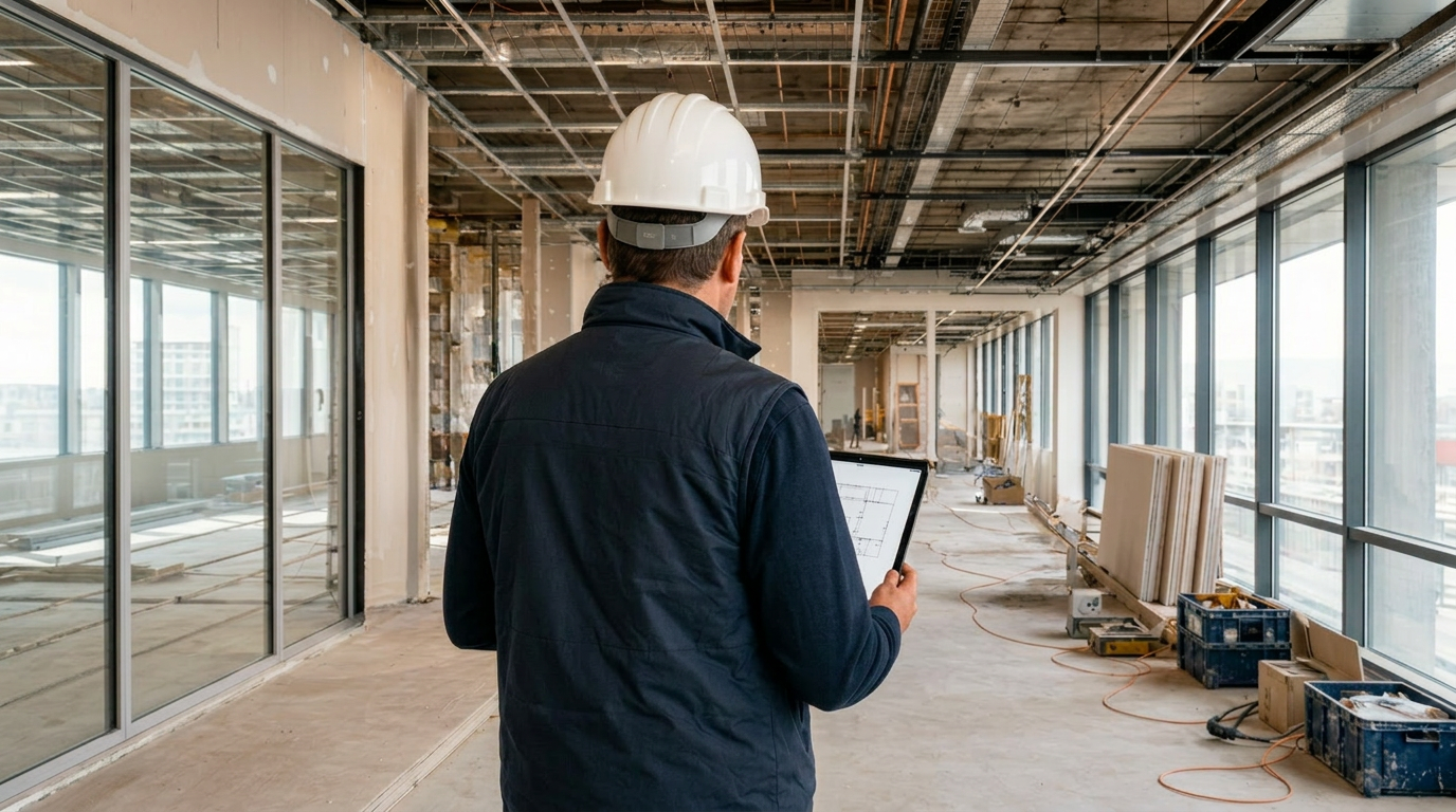 Conducteur de travaux ADM Construction sur chantier TCE avec plans techniques