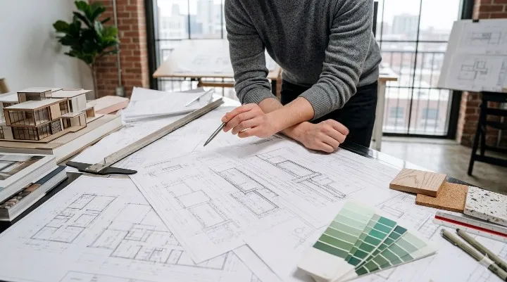 Chef de chantier ADM consultant les plans devant un chantier tertiaire à Orléans (Loiret) — mission de contractant général tous corps d'état