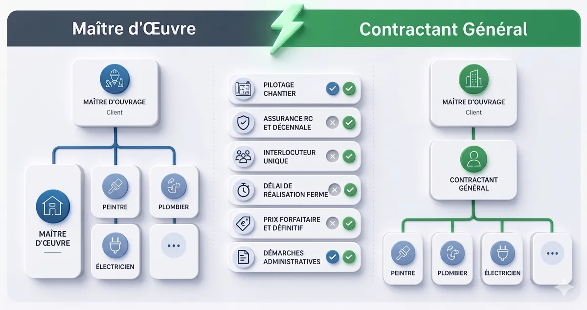 Comparatif Maître d'œuvre vs Contractant général à Orléans — pilotage chantier, assurance RC et décennale, interlocuteur unique, délai ferme, prix forfaitaire, démarches administratives
