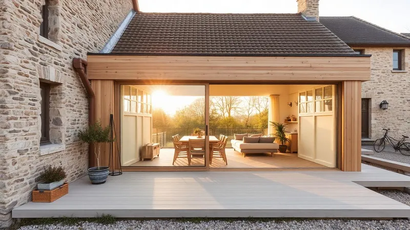 Extension contemporaine en ossature bois ajoutée à une maison ancienne en pierre dans le Loiret
