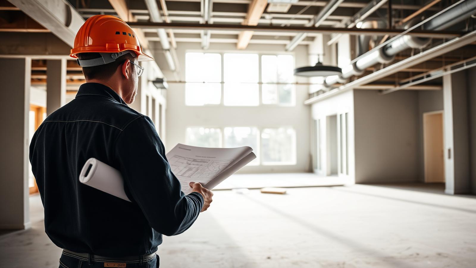 Maître d'œuvre contrôlant l'avancement d'un chantier de rénovation avec plans et casque